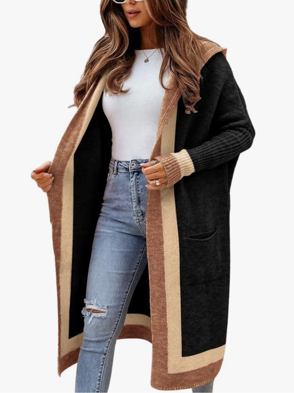 chouyatou Women's Color Block Vertical Striped Open Front Oversized Hooded Long